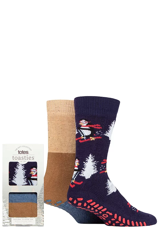 Mens 2 Pair Totes Original Plain and Patterned Slipper Socks Penguin 7-12 Mens