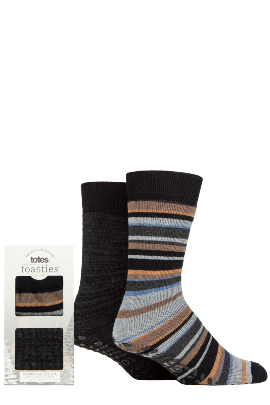 Mens 2 Pair Totes Original Plain and Patterned Slipper Socks Stripe 7-12 Mens