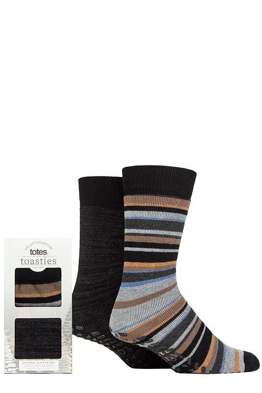Mens 2 Pair Totes Original Plain and Patterned Slipper Socks Stripe 7-12 Mens