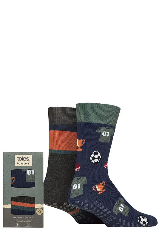 Mens 2 Pair Totes Original Plain and Patterned Slipper Socks Football 7-12 Mens