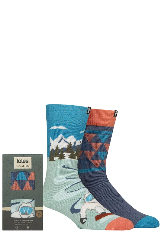 Mens 2 Pair Totes Original Plain and Patterned Slipper Socks Yeti 7-12 Mens