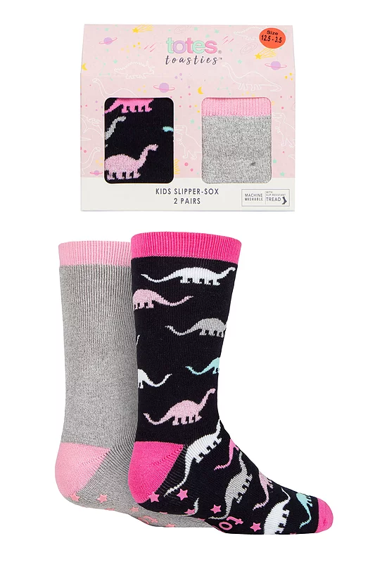 Girls 2 Pair Totes Originals Novelty Slipper Socks Dinosaur 4-6 Years