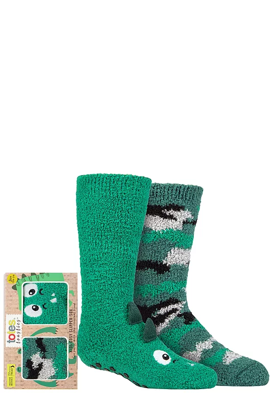Boys and Girls 2 Pair Totes Super Soft Slipper Socks Dinosaur Camo 2-3 Years