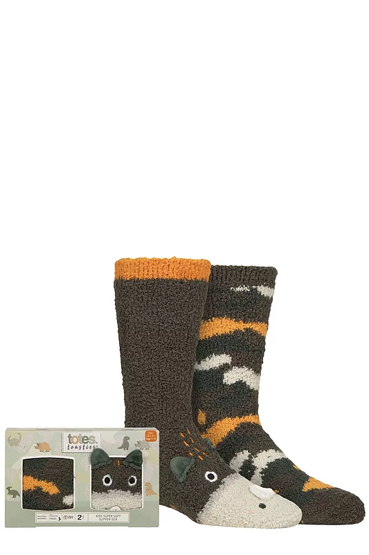 Boys and Girls 2 Pair Totes Super Soft Slipper Socks Dinosaur 2-3 Years