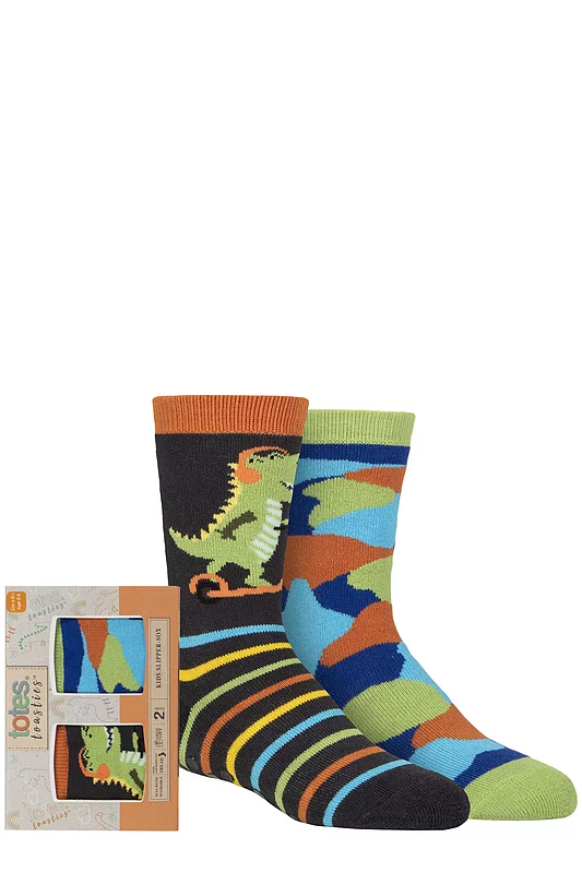 Boys 2 Pair Totes Tots Originals Novelty Slipper Socks Dinosaur 1-2 Years