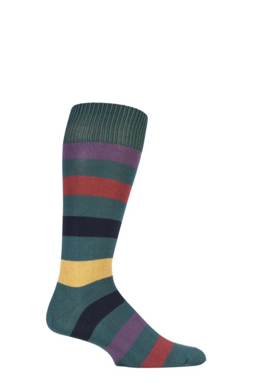 Mens 1 Pair SOCKSHOP of London Bold Broad Stripe Cotton Socks Rich Green/Multi 7-11