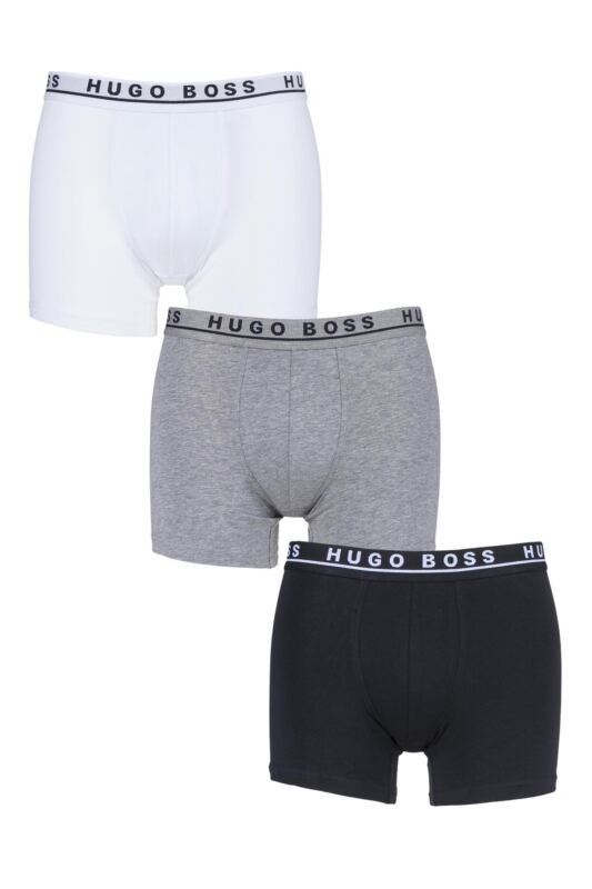 Mens 3 Pack BOSS Plain Cotton Stretch Longer Leg Boxer Briefs