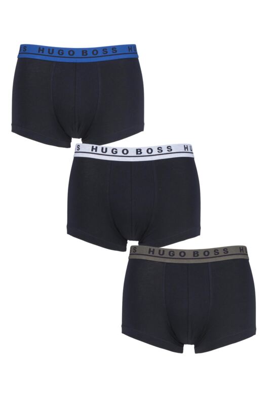 Mens 3 Pack BOSS Plain Cotton Stretch Trunks Black Mix Extra Large