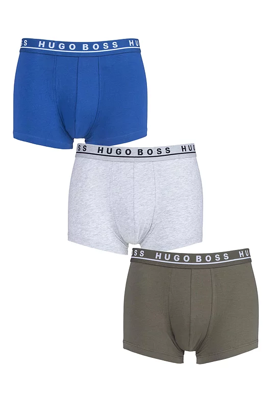 Mens 3 Pack BOSS Plain Cotton Stretch Trunks Blue / Grey / Olive Small