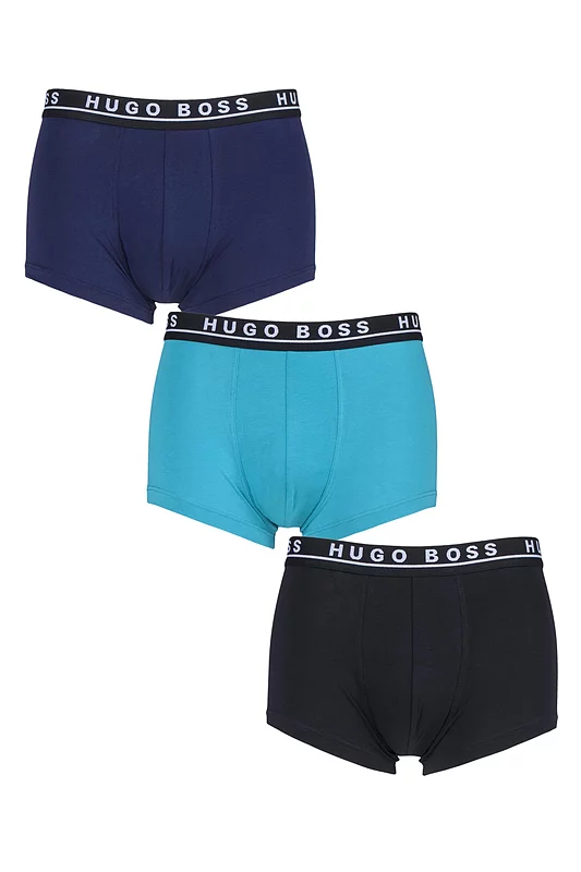 Mens 3 Pack BOSS Plain Cotton Stretch Trunks Black / Navy Mix Extra Large
