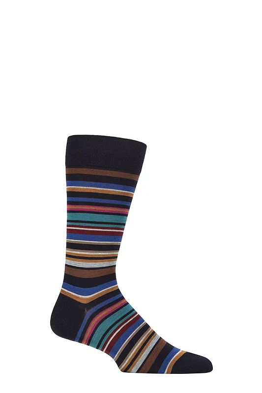 Mens 1 Pair Pantherella Quakers Merino Wool Striped Socks Navy / Brown 7.5-9.5 Mens