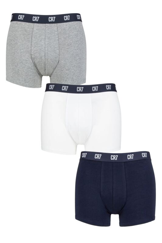 Mens 3 Pack CR7 Cotton Trunks Grey/White/Navy XX Large
