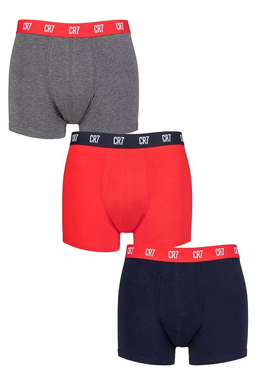 Mens 3 Pack CR7 Cotton Trunks Grey/Red/Navy XX Large