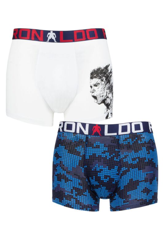 Boys 2 Pack CR7 Cotton Boxer Shorts Solid White/Print 13-15 Years