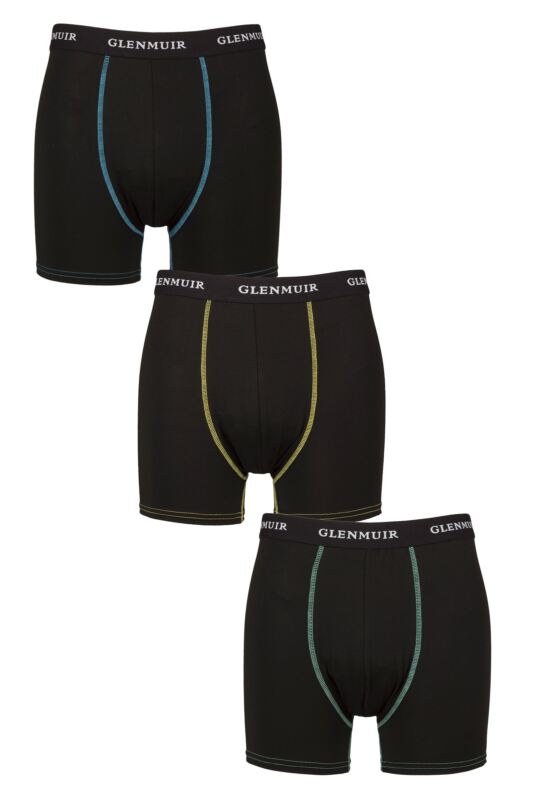 Mens 3 Pack Glenmuir Sports Performance Trunks Black Blue / Orange / Teal XXL