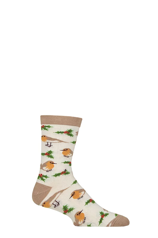Mens and Women's 1 Pair Shared Earth Fair Trade Christmas Bamboo Socks Robins UK 3-7
