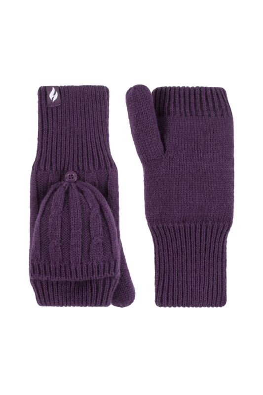 Women's 1 Pair SOCKSHOP Heat Holders Ash Cable Knit Converter Mittens Purple One Size