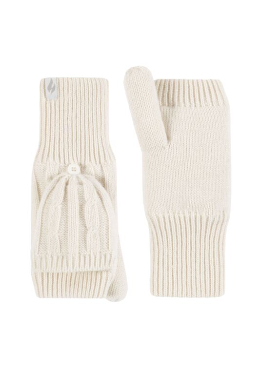 Women's 1 Pair SOCKSHOP Heat Holders Ash Cable Knit Converter Mittens Cream One Size