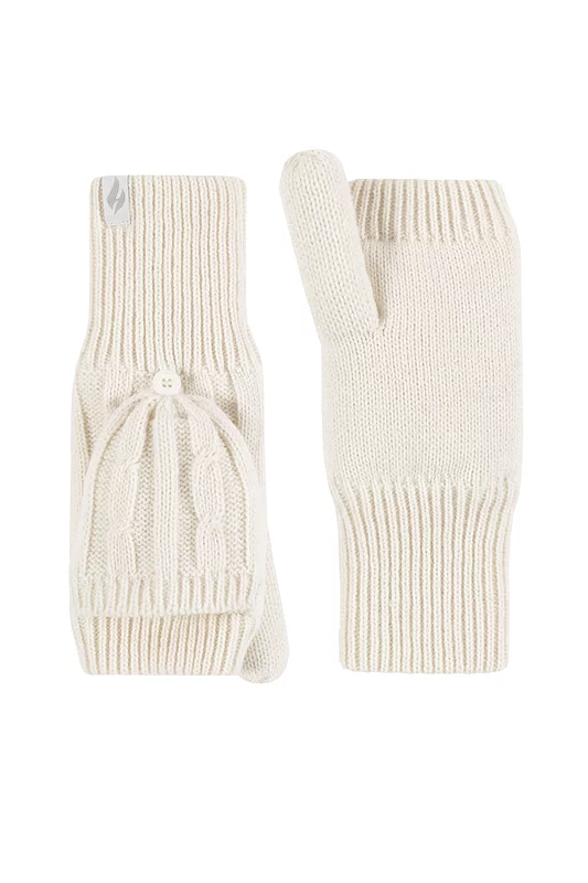 Women's 1 Pair SOCKSHOP Heat Holders Ash Cable Knit Converter Mittens Cream One Size