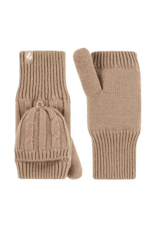 Women's 1 Pair SOCKSHOP Heat Holders Ash Cable Knit Converter Mittens Beige One Size