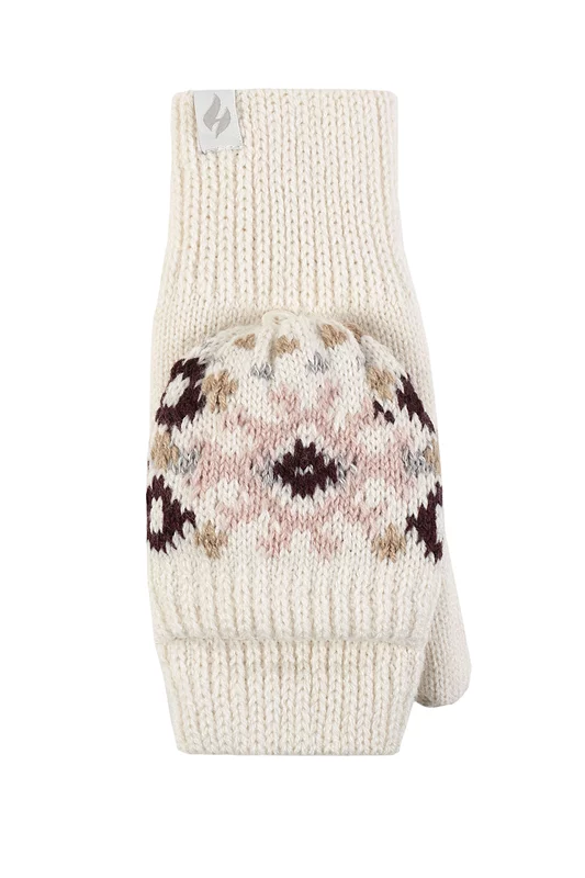 Women's 1 Pack SOCKSHOP Heat Holders Heather Patterned Converter Mittens Cream One Size