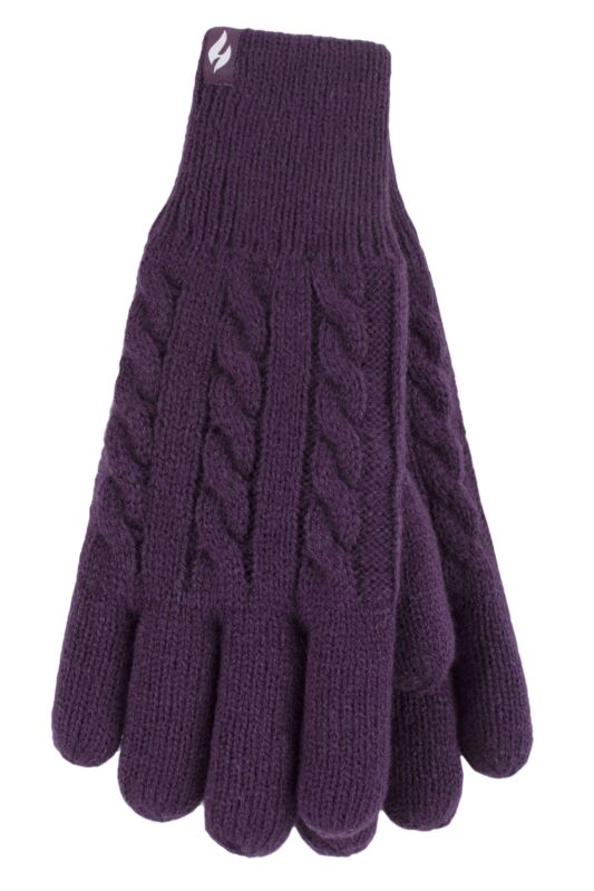 Women's 1 Pair SOCKSHOP Heat Holders Willow Cable Gloves Purple S/M