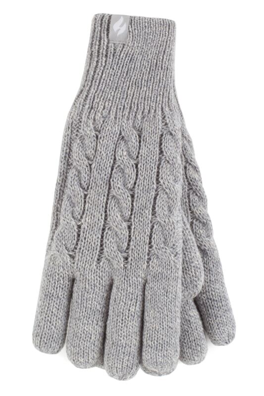 Women's 1 Pair SOCKSHOP Heat Holders Willow Cable Gloves Light Grey S/M