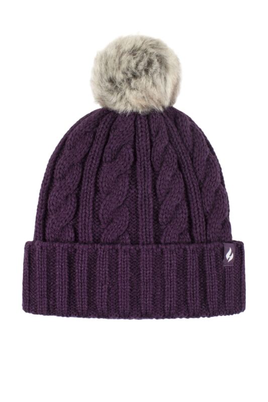 Women's 1 Pack Heat Holders Heat Weaver Cable Knit Pom Pom Hat Purple