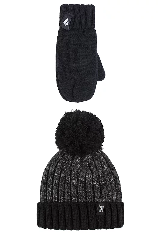Kids 1 Pack SOCKSHOP Heat Holders Turn Over Pom Pom Hat & Mittens