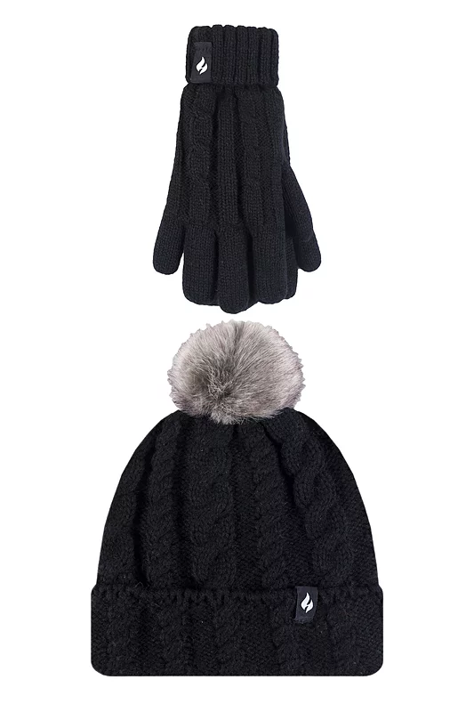 Kids 1 Pack SOCKSHOP Heat Holders Cable Turn Over Pom Pom Hat & Gloves