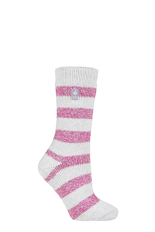 Women's 1 Pair SOCKSHOP Heat Holders 2.3 TOG Patterned Thermal Socks Tuscany Chunky Stripe Light Grey / Berry 4-8 Ladies