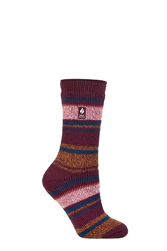 Women's 1 Pair SOCKSHOP Heat Holders 2.3 TOG Patterned Thermal Socks Calanda Multi Stripe Cabernet / Mustard 4-8