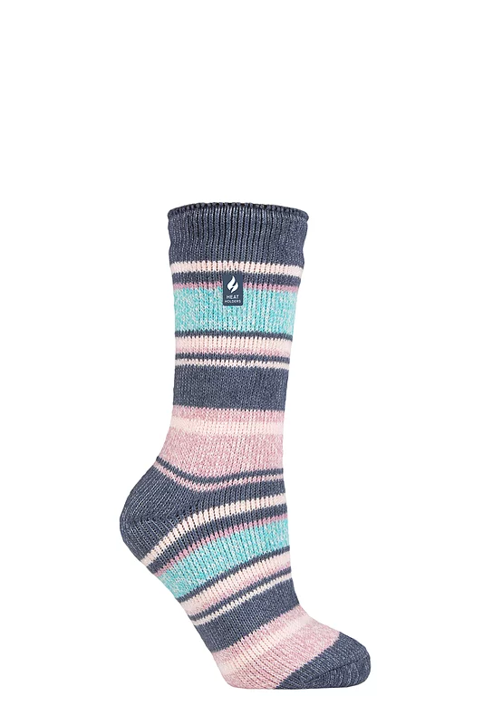 Women's 1 Pair SOCKSHOP Heat Holders 2.3 TOG Patterned Thermal Socks Palma Multi Stripe Denim 4-8 Ladies