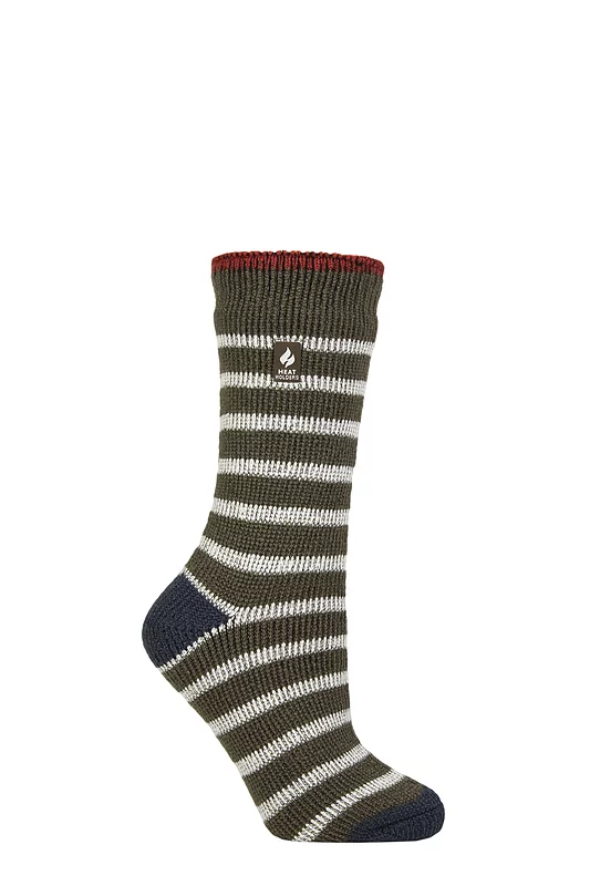 Women's 1 Pair SOCKSHOP Heat Holders 2.3 TOG Patterned Thermal Socks Amara Olive / Blue Sapphire 4-8