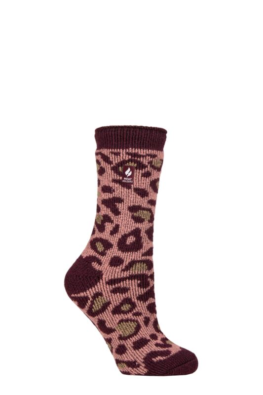 Women's 1 Pair SOCKSHOP Heat Holders 2.3 TOG Patterned Thermal Socks Animal Print Cabernet / Muted Coral 4-8