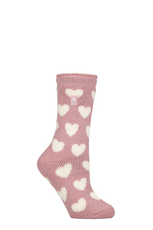 Women's 1 Pair SOCKSHOP Heat Holders 2.3 TOG Patterned Thermal Socks Bold Heart Ballerina Pink 4-8