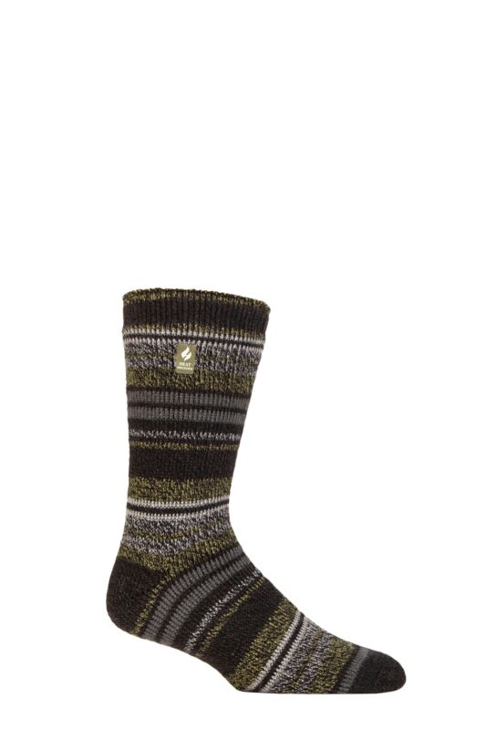 Mens 1 Pair SOCKSHOP Heat Holders 2.3 TOG Patterned and Plain Thermal Socks Bari Multi Stripe Olive 6-11
