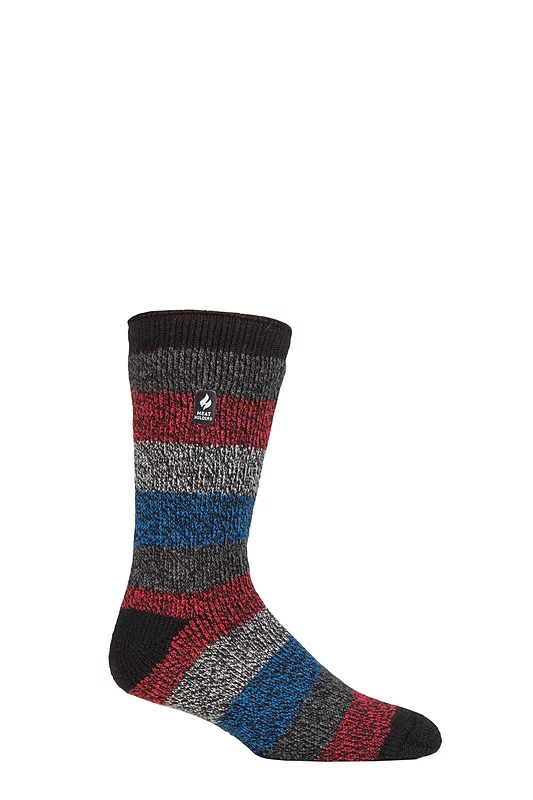 Mens 1 Pair SOCKSHOP Heat Holders 2.3 TOG Patterned and Plain Thermal Socks Milan Thick Twist Stripe Black / Grey / Red 6-11 Mens