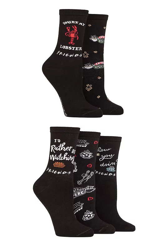 Women's 5 Pair SOCKSHOP Friends Black Cotton Socks