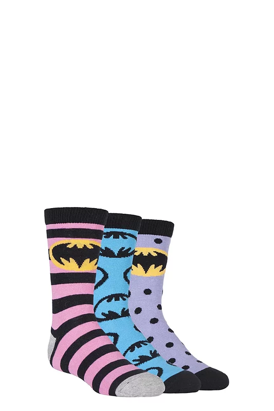 Girls 3 Pair SOCKSHOP Batman / Batgirl Striped, Spotty and All Over Motif Cotton Socks