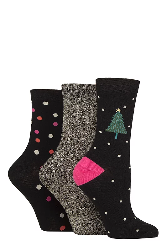 Women's 3 Pair Caroline Gardner Christmas Patterned Cotton Socks Black Tree/ Glitter / Spot 4-8