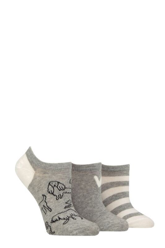 Women's 3 Pair Caroline Gardner Patterned Cotton Trainer Socks Dogs Light Grey 4-8