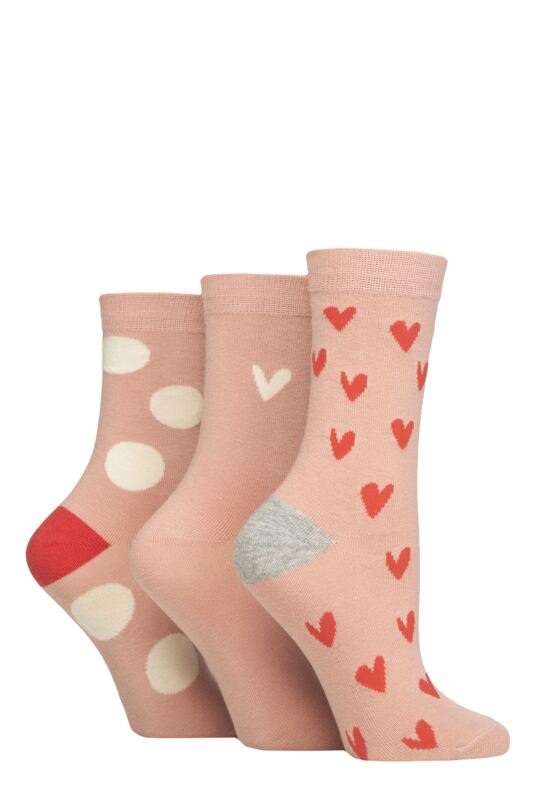 Women's 3 Pair Caroline Gardner Patterned Cotton Socks Mini Hearts / Spots Pink 4-8