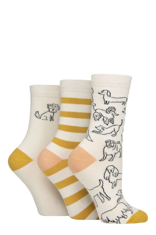 Women's 3 Pair Caroline Gardner Patterned Cotton Socks Dog Outline White 4-8 Women's