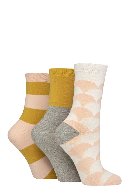 Women's 3 Pair Caroline Gardner Patterned Cotton Socks Stripe Pink / Mustard 4-8