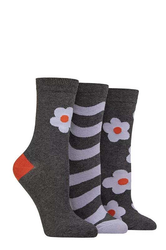 Women's 3 Pair Caroline Gardner Patterned Cotton Socks Flowers Charcoal 4-8