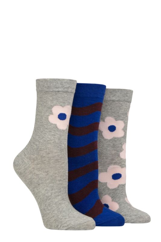 Women's 3 Pair Caroline Gardner Patterned Cotton Socks Flowers Grey / Blue 4-8