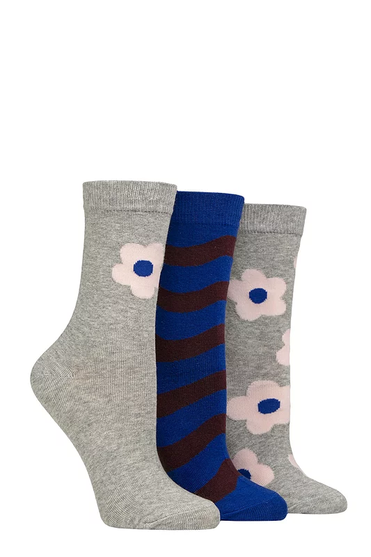Women's 3 Pair Caroline Gardner Patterned Cotton Socks Flowers Grey / Blue 4-8
