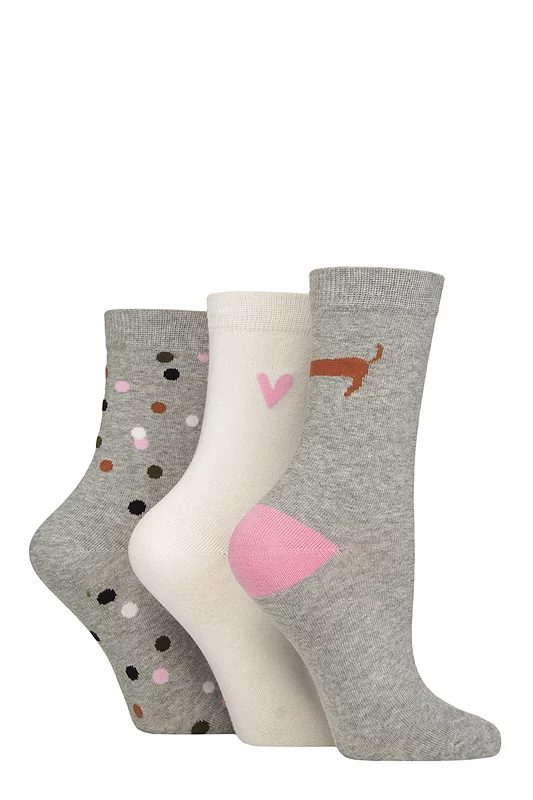 Women's 3 Pair Caroline Gardner Patterned Cotton Socks Dachshund / Heart / Spot 4-8