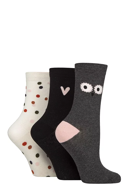 Women's 3 Pair Caroline Gardner Patterned Cotton Socks Owl / Heart / Spot 4-8
